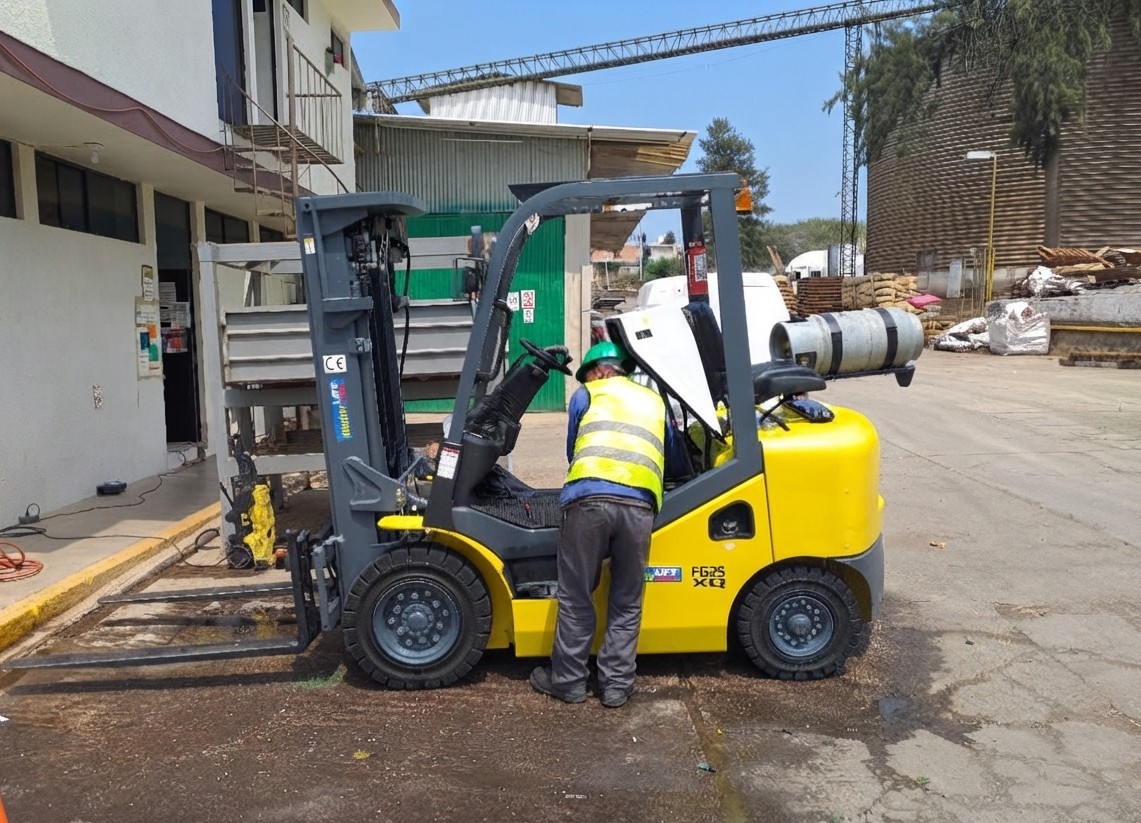 Técnico de Alfa Mantenimiento revisando un montacargas